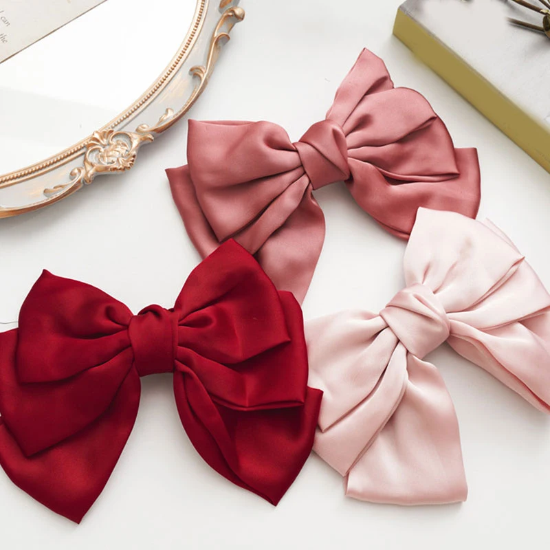 

Big Large Bow Hair Clip Satin Barrettes Women Solid Color Three Layers Spring Clip Hairpins Ponytail Hair Accessories Ornament