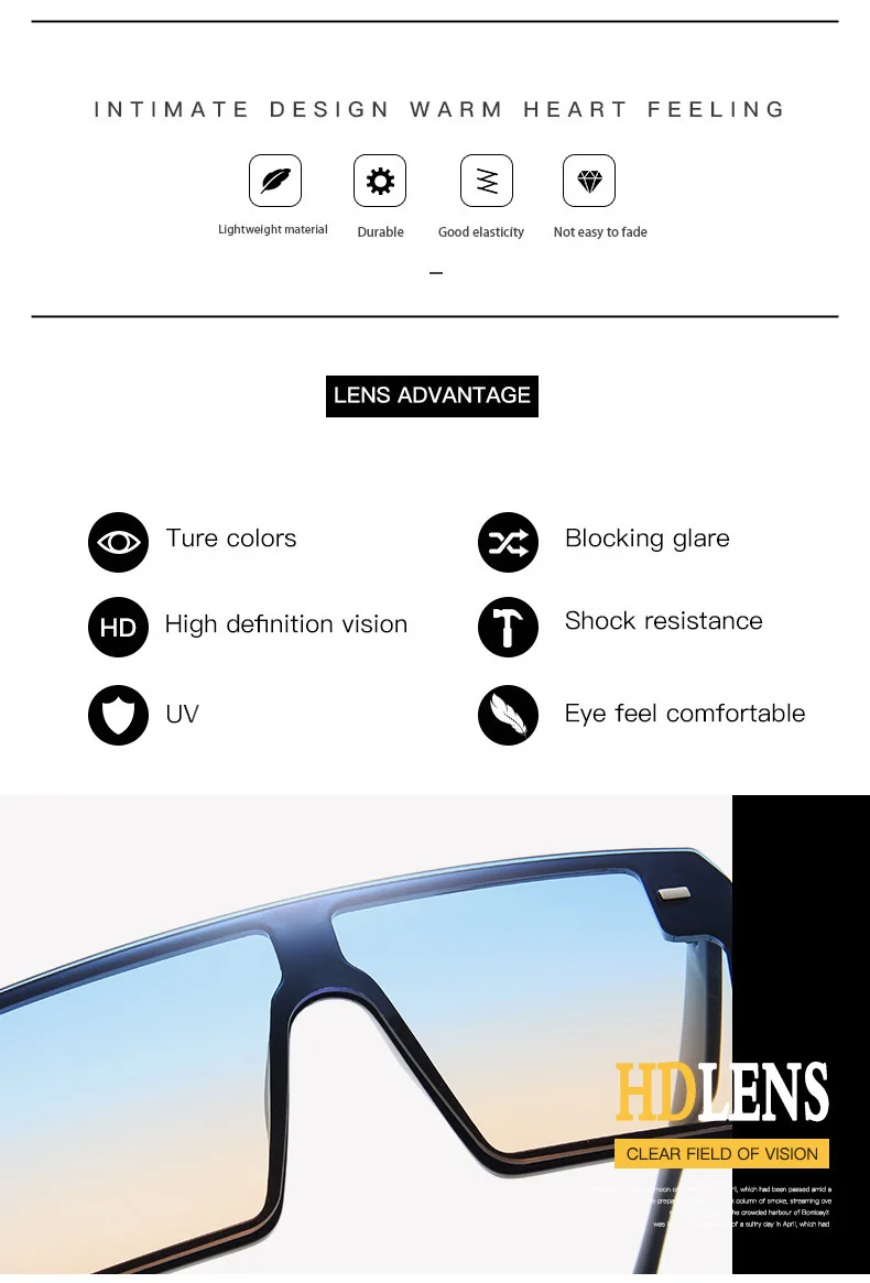 YOOSKE Brand Oversized Sunglasses Women Men Vintage Gradient Sun Glasses Shades Retro Big Frame Flat Top One Piece Eyewear