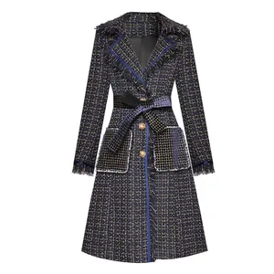 Женское шерстяное пальто с бахромой, дизайнерская однобортная ветровка в клетку с длинным рукавом, Длинные твидовые пальто на осень