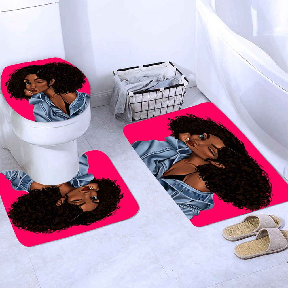 Сексуальный милый подмигивающий африканский девушка душевая завеса / коврик для ванны / набор туалетной коврика огненно-красного узора противоскользящий ковер из фланели для ванной комнаты.