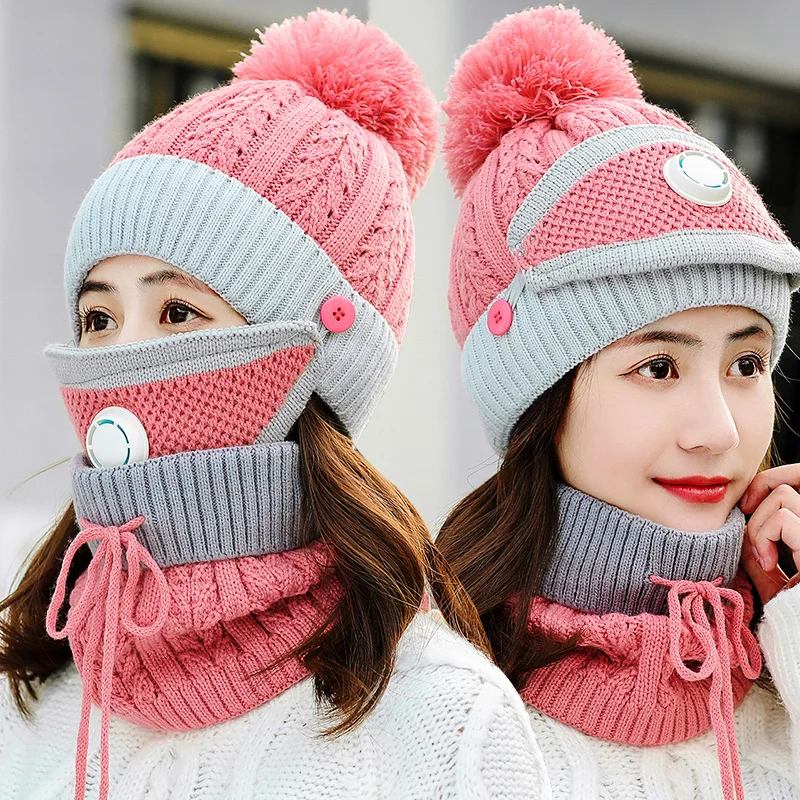 

Winter 3 Piece Warm Beanies Skullies Hats Women Knitted Cap With Breathable Masks Scarf Cycling Windproof Bonnets Gorros Mujer