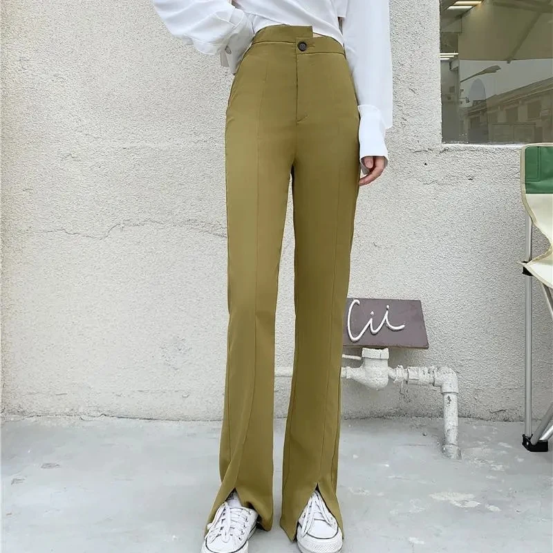 

Korean Asymmetry High Waist Flare Pants Fashion Women Split Fork Suit Pant 2022 Spring Solid Color Office Lady Casual Trousers