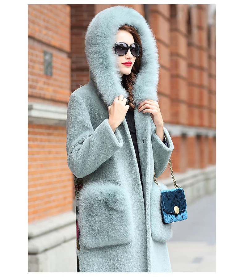 

2020 Sheep Shearling Real Fur Coat Female 100% Wool Coat Winter Jacket Women Fox Fur Collar Korean Long Jackets MY4365