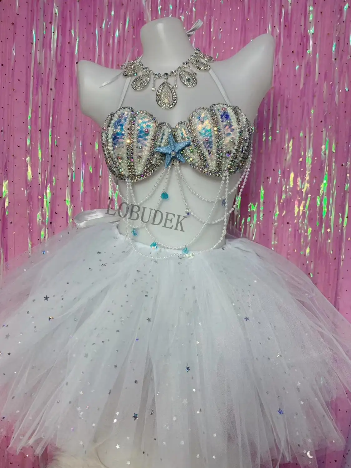 

Жемчужная раковина, Кристальный бюстгальтер, юбка-пузырь, комплект бикини, сексуальный женский DJ певец, костюм для танца на пилоне, бар, вечерние, для ночного клуба, для сцены, танцевальный наряд