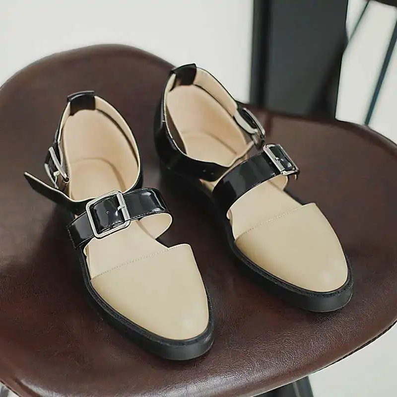 

Lenkisen limited big size summer sandals genuine leather round toe med heel mixed color buckle strap shallow fashion shoes L05