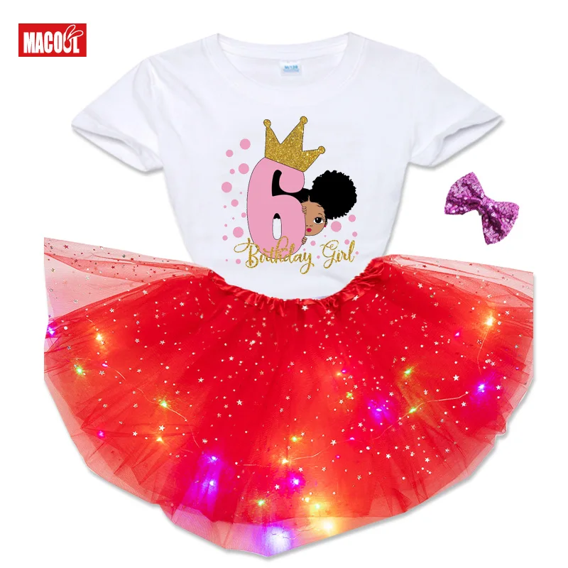 Girls Birthday Dress Sets tutu suit Party Casual Dress Black African Girl Short Sleeve T-shirt+tutu Skirt+Hairpin Suit 6 years