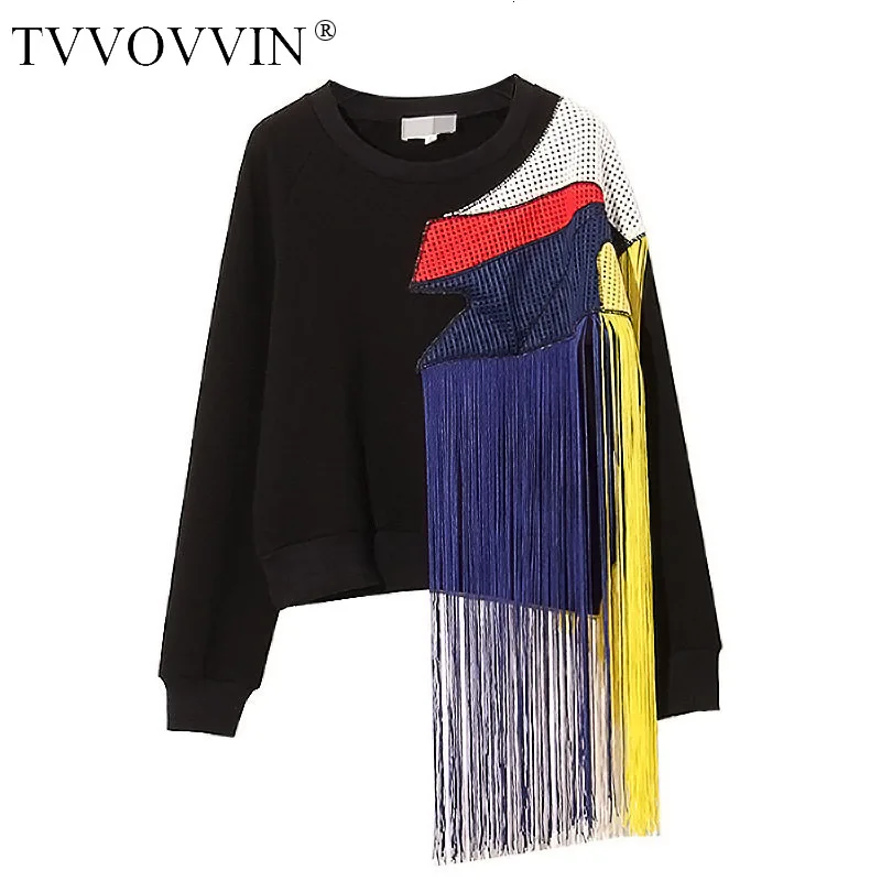 

2020 Autumn Winter streetwear New Europe Rainbow Tassel Patchwork Mesh Plus Down Thick Women's Sweatshirt Tops A479