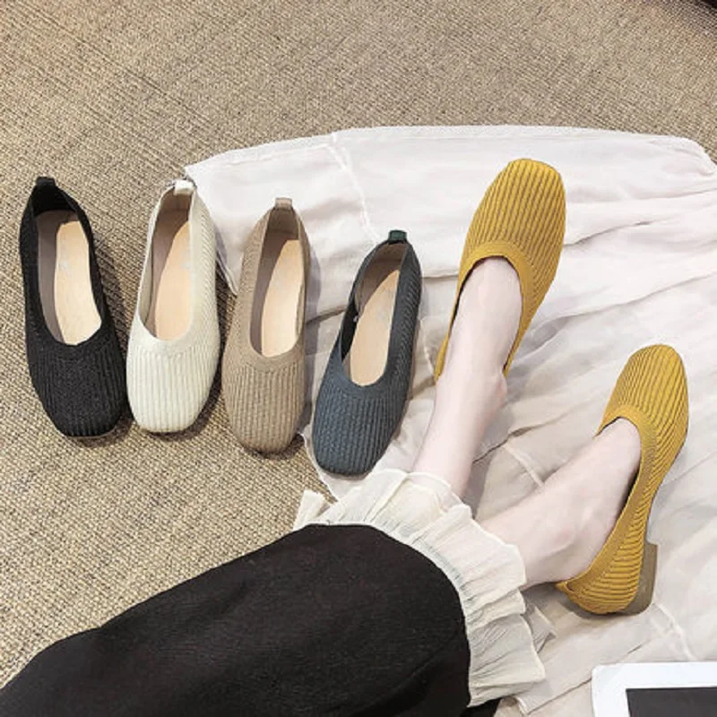 

Трикотажная дышащая повседневная женская обувь; Сезон весна-лето новый Повседневный все-матч квадратный носок невысокие плоские туфли