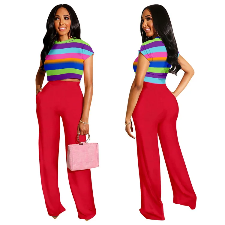 

Rainbow Color Women 2 Piece Set Stripe Crop Top High Waist Wide Leg Flare Pants Elegant Office Lady Matching Suit Set Tracksuits