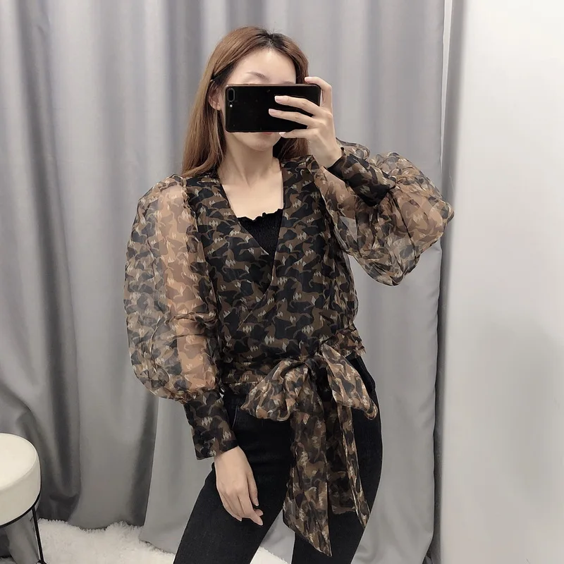 Прозрачная женская блузка Осень 2019 Новая модная рубашка с принтом животных