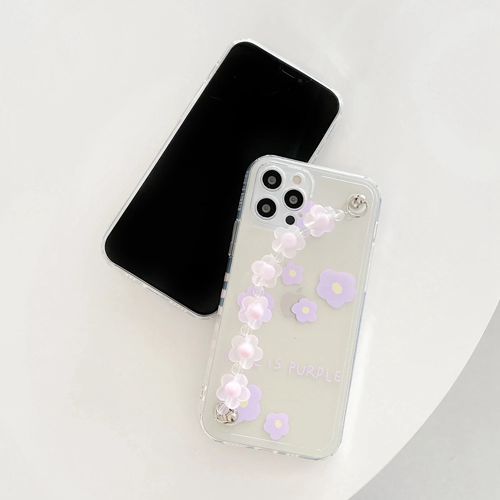 

Cute Flower Wrist Strap Bracelet Phone Case for 12 Pro 11 11Pro Max X Xs Xr 7 8 Plus Mini SE2 Shockproof Clear White TPU Cover