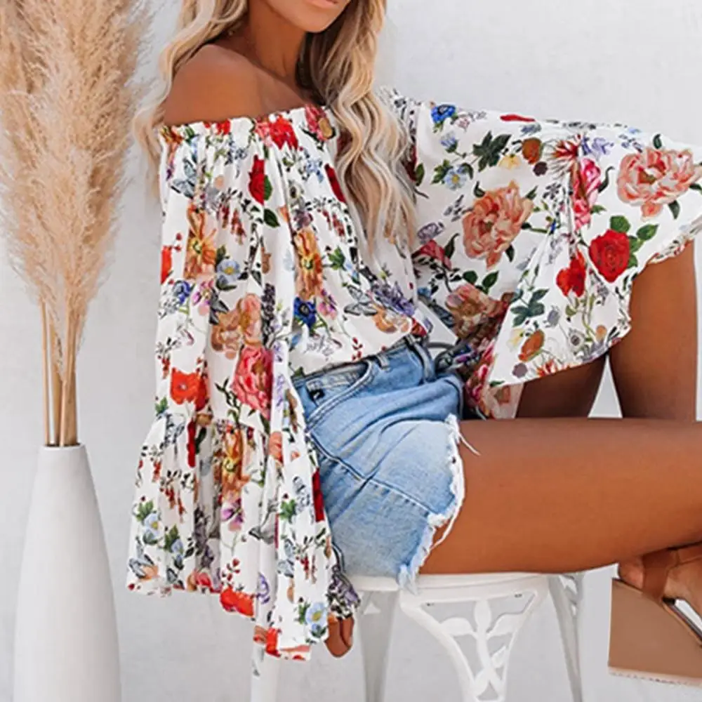 

2021 Blouse women summer Sexy Off Shoulder Long Flared Sleeve Floral Print Loose Blouse shirt Top woman fashion Elegant blouses