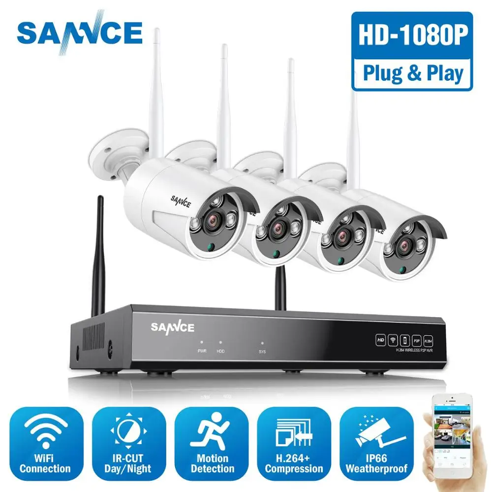 

SANNCE 8CH HD 1080P Wireless Video Security System H.264+ 1080P NVR With 4X 1080P Outdoor Weatherproof WIFI IP Cameras CCTV Set