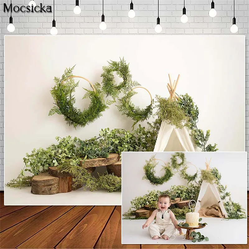 

Mocsicka Spring Safari Cake Smash Photography Backdrops Tent Green Leaves Decor Child Birthday Photocall Background Photo Studio