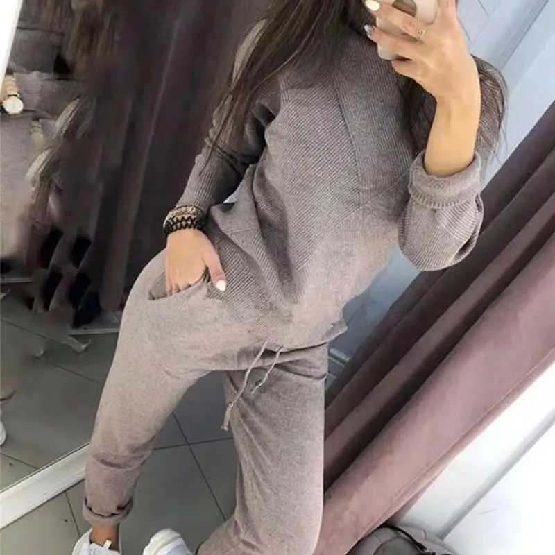Turtleneck Pullovers And Long Knitted Pants Sets Thick Tracksuit Women Knit Suits Solid Winter Sweaters | Женская одежда