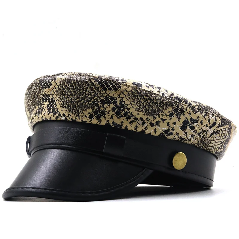 Simple PU Leather Girl Military caps Spring Autumn Sailor Hats for Women Leopard Flat Top Captain Cap Travel Cadet Hat 56-58CM