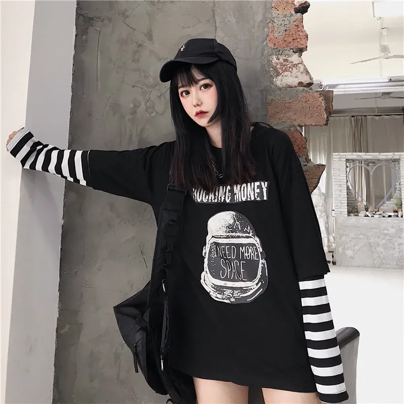 Woherb свободная футболка с длинным рукавом для женщин Harajuku поддельные 2 шт Полосатый Повседневный Топ с буквенным принтом свободные футболки уличная одежда для женщин