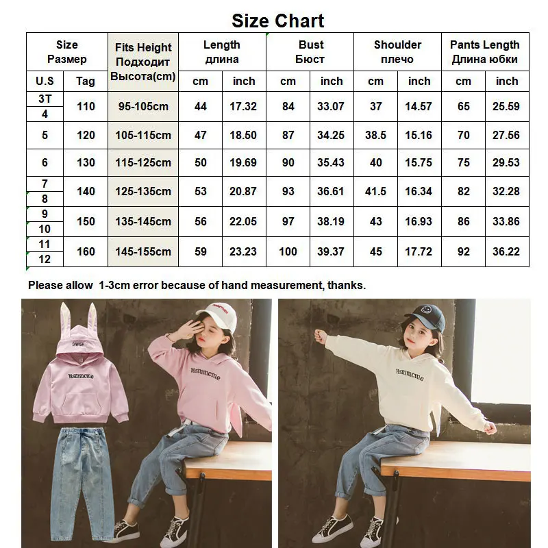 

Girls Spring Autumn Clothes Suit Cute Cartoon Hooded Sweatshirt Jeans Pants Two-Piece Sets Princess Kids Sportswear Tracksuits