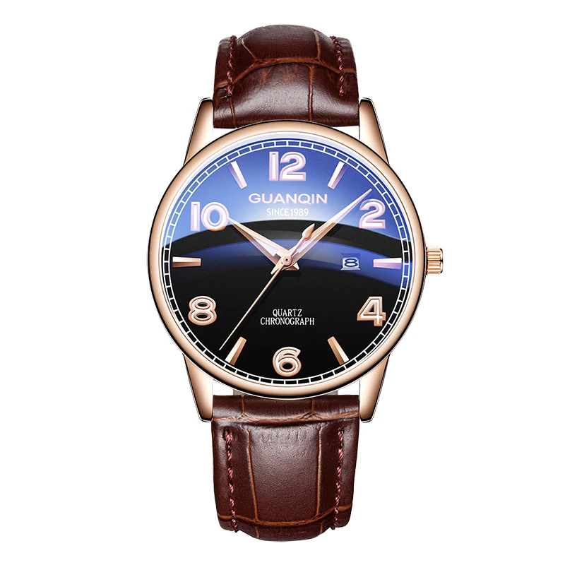 Rose black brown Горячая GUANQIN мужские часы модные Дата светящиеся водонепроницаемые устойчивые к царапинам наручные часы носимые спортивные кожаные кварцевые часы - Цвет: Rose black brown
