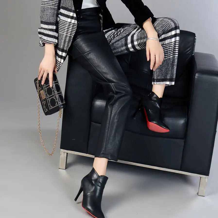 

Женские шерстяные шаровары F19, прямые шерстяные брюки из искусственной кожи с высокой талией, свободные клетчатые брюки в стиле ретро с морк...