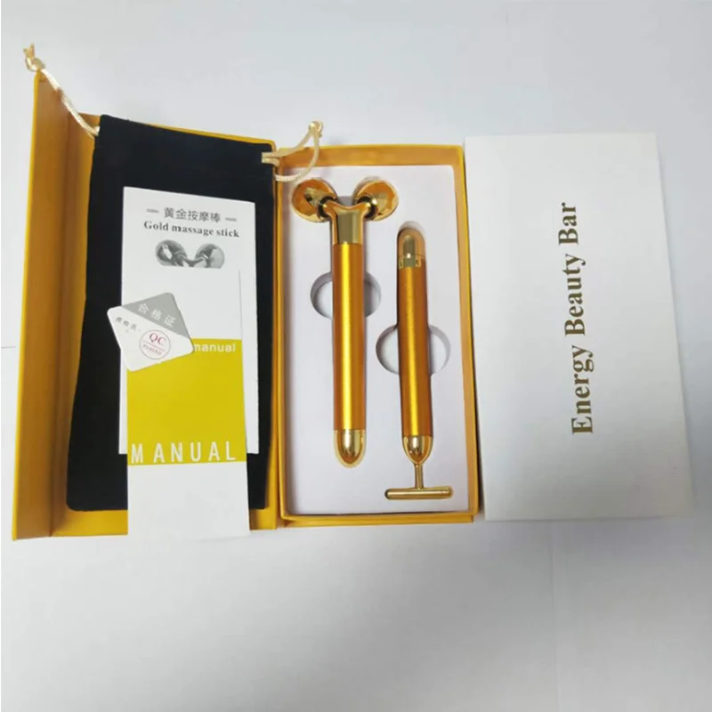 

2 in 1 Facial Contours Set 3D Roller 24K Beauty Bar T Shap Face Vibrating Massager, Pulse Electric, Face Lifting and Tightening