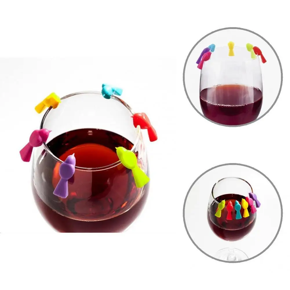 

6Pcs/Set Unique Wine Glass Charm Wide Application Silicone Wine Glass Marker Adorable Bird Shape Wine Glass Charm