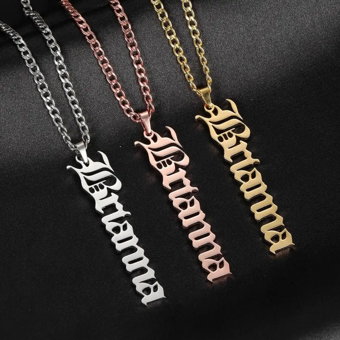 

Custom Vertical Old English Name Necklace Personalized Stainless Steel Nameplate Pendant Necklace Kpop Jewelry Gifts For Women