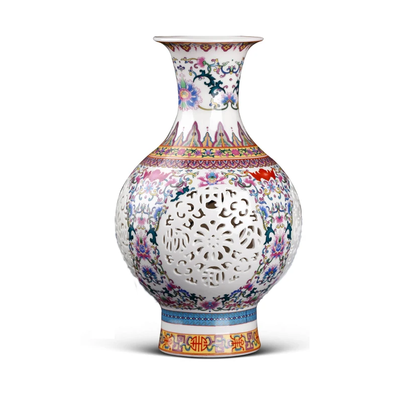 Jingdezhen Ceramic Vase Chinese Pierced Vase Wedding Gifts Home Handicraft TV cabinet wine cabine Furnishing Articles