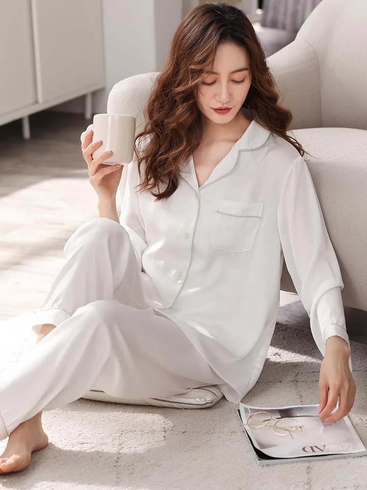Women New Ice Silk Pajamas Sets for Spring Summer 2 Pcs Pyjamas Suit Cool Feeling Sleepwear Home Clothes Solid Pijama Mujer