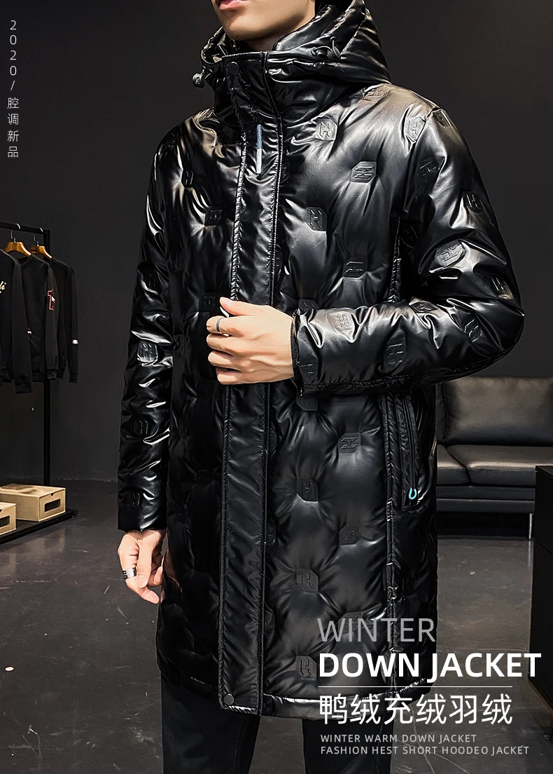 Winter men's hooded bright down jacket thick and warm long 50 white duck down cold  men's winter clothing