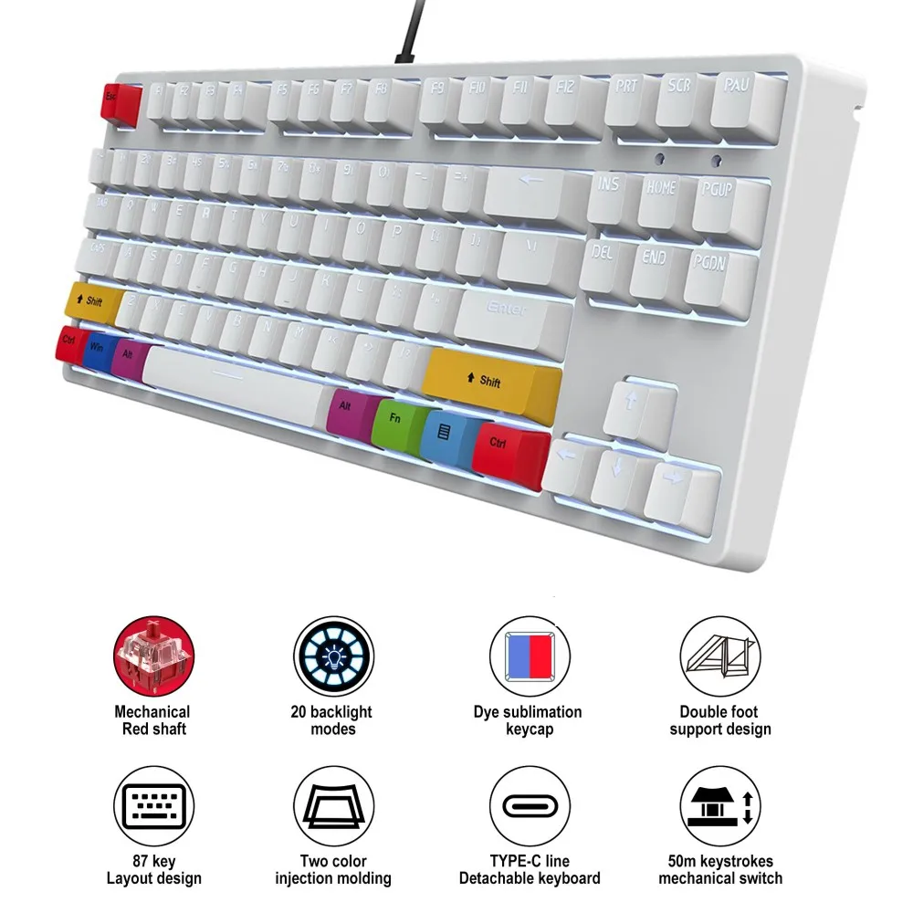 

L600 Mechanical Keyboard 87 Keys Wired Two-color Injection Keycap Gaming Keyboards with White Backlit Type C Cable