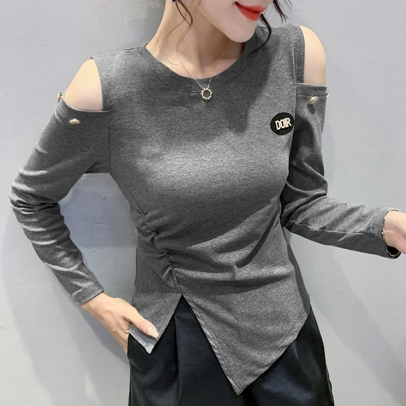 

Весенне-осенняя одежда, новинка, Асимметричный топ, рубашка с открытыми плечами в западном стиле, футболка с длинным рукавом для шоппинга, ф...