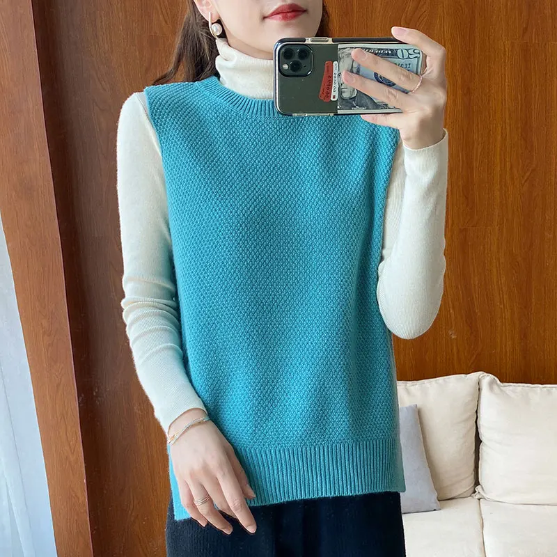 

Cashmere sweater ladies waistcoat 100% wool vest sleeveless knitted vest solid color warm loose vest pullover loose large size