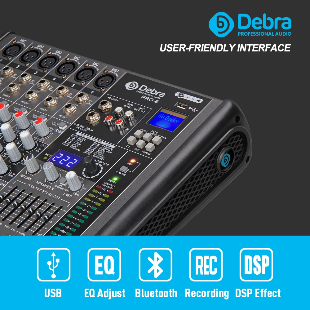 Профессиональный 6-канальный аудиомиксер DJ с 256DSP bluetooth USB 48 В для сценической