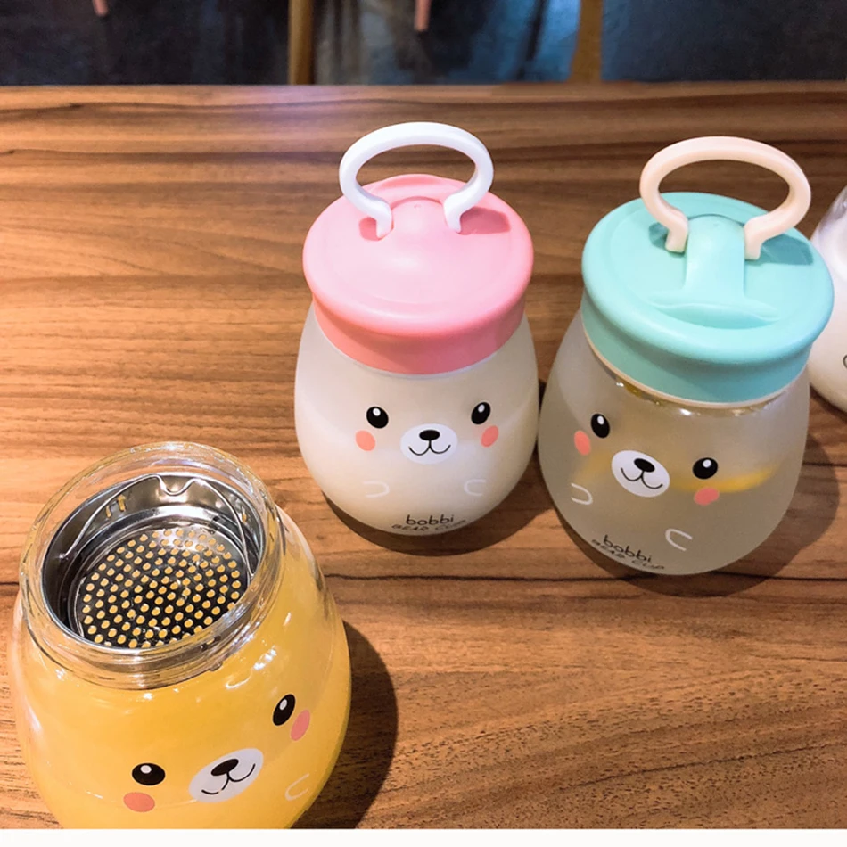 Kawaii стеклянная бутылка для воды, портативная чашка с милым медведем, чайное ситечко, герметичная Питьевая Бутылка для девочек, студентов, детей