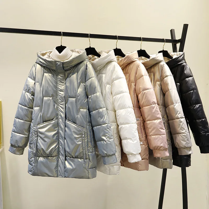 

Glossy Disposable Down Padded Jacket Women's Mid-length 2021 New Loose Hooded Padded Jacket Thick Winter Jacket Padded Jacket