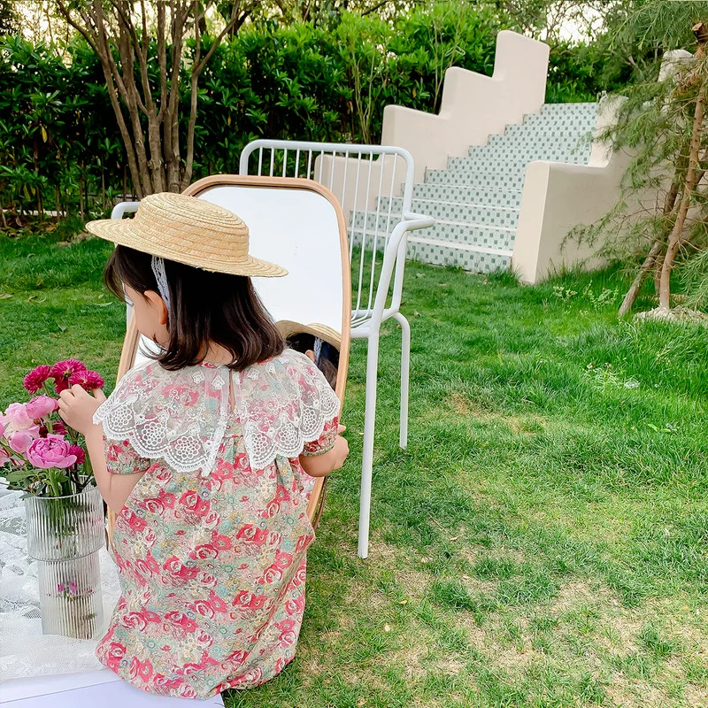 

2021 girls floral children's new summer dress foreign style girl baby cute lace princess dress