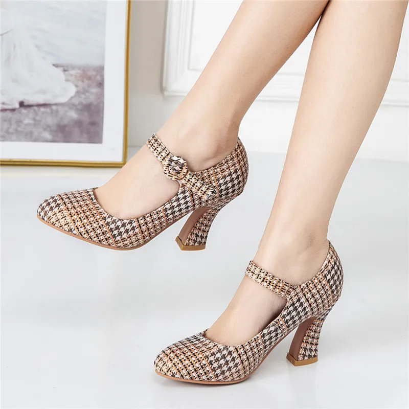 Spring Mary Jane Shoes High Heels Woman Pumps Block Heel Womens Brand Designer 2020 Dress Party Ladies Gingham Retro | Обувь