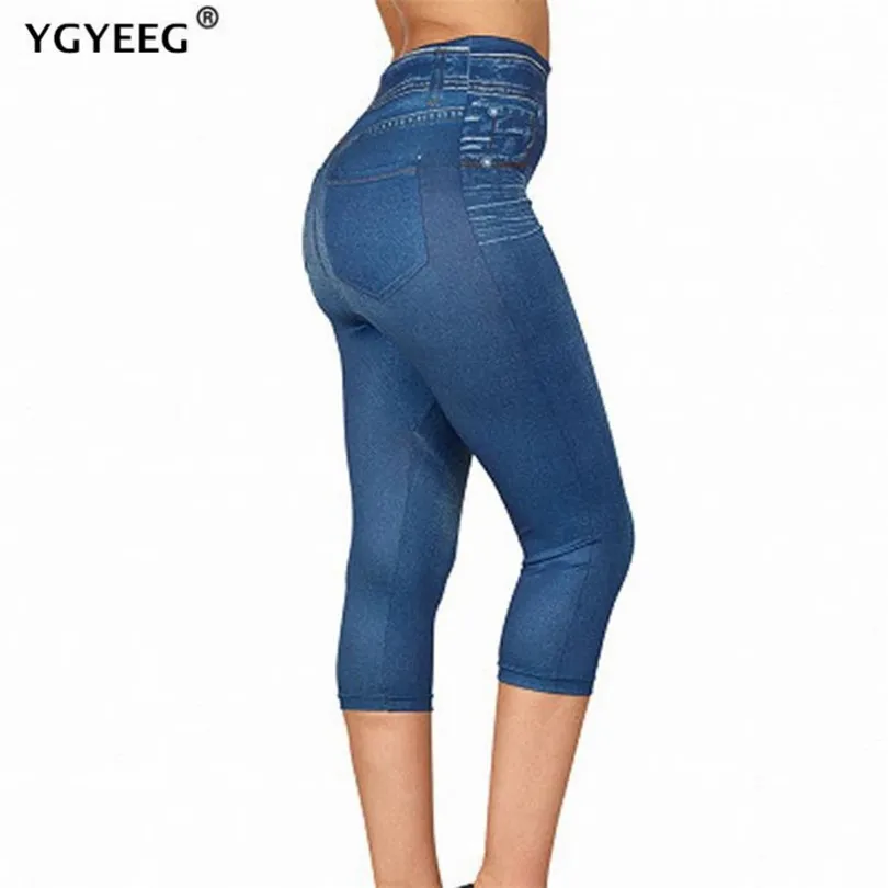 

YGYEEG New Slim Faux Jeans Leggings Women Stretch Printed Short Leggins Calf-Length Pants Summer Breeches High Waist Jeggings
