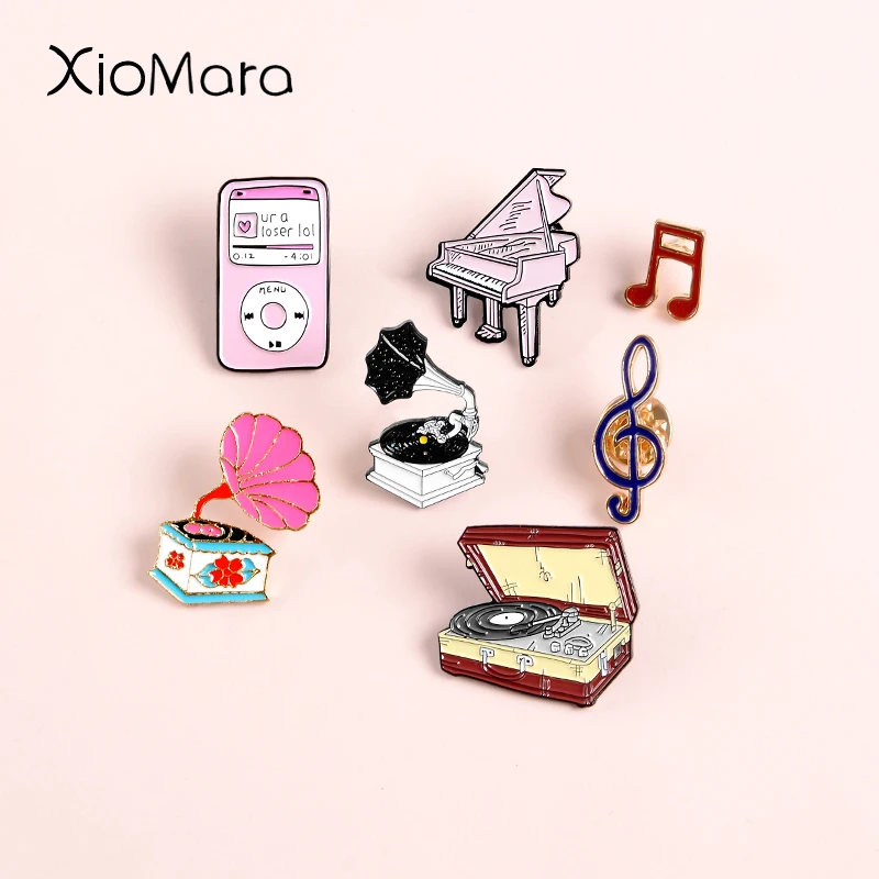 Music Lover Enamel Pins 80'S Vinyl Records Phonograph Piano Note Old-school Music Player Song Metal Bag Hat Badge Brooches Pins