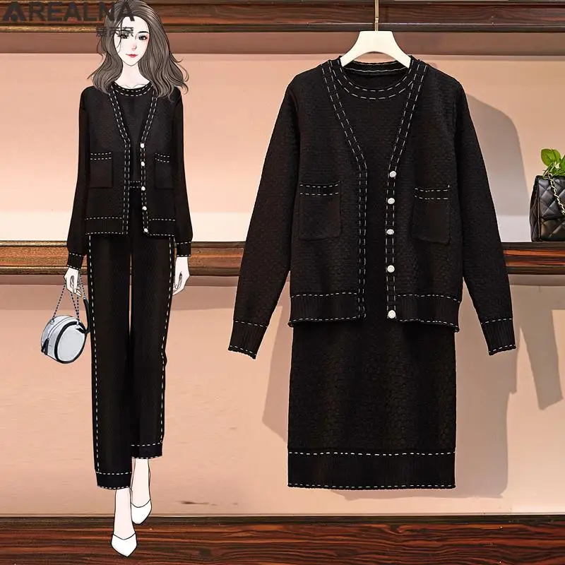 

Женский трикотажный офисный костюм-двойка, черный кардиган и платье-рубашка, комплект из трех предметов в Корейском стиле большого размера для осени