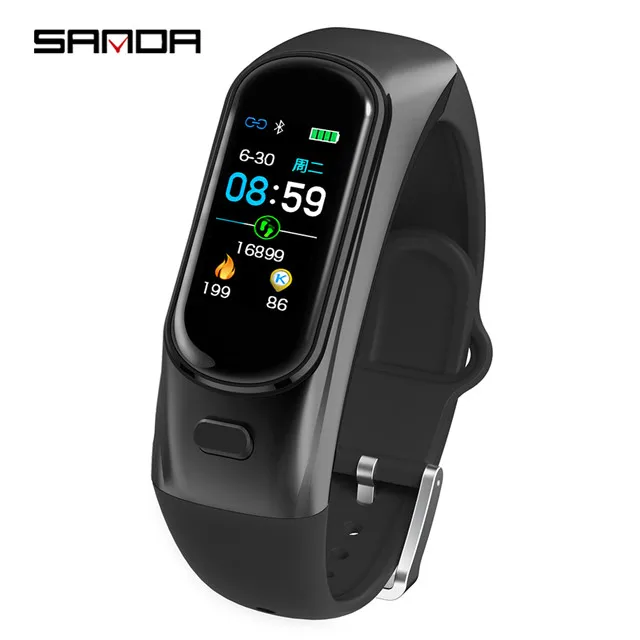 black SANDA, умные часы, гарнитура, мужские, Bluetooth, беспроводная гарнитура, для девушек, кровяное давление, пульсометр, умные часы с браслетом sp - Цвет: black