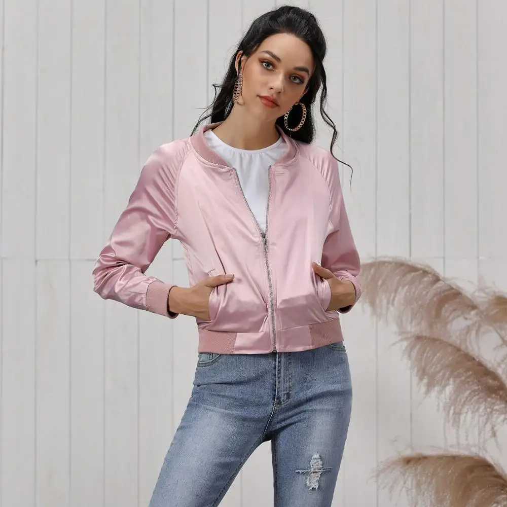 Женская Черная куртка бомбер осенняя Повседневная Базовая с воротником стойкой