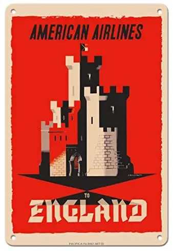 

England - English Castle - American Airlines - Airline Travel Poster by Edward McKnight Kauffer c.1948- Metal Sign