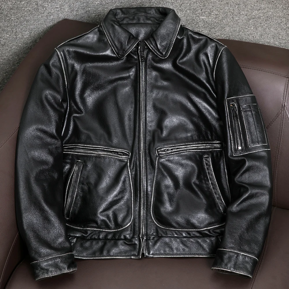 

2021 Vintage Black Military Style Genuine Pilot Leather Jacket Large Size 5XL Real Natural Cowhide Autumn Slim Fit Aviation Coat
