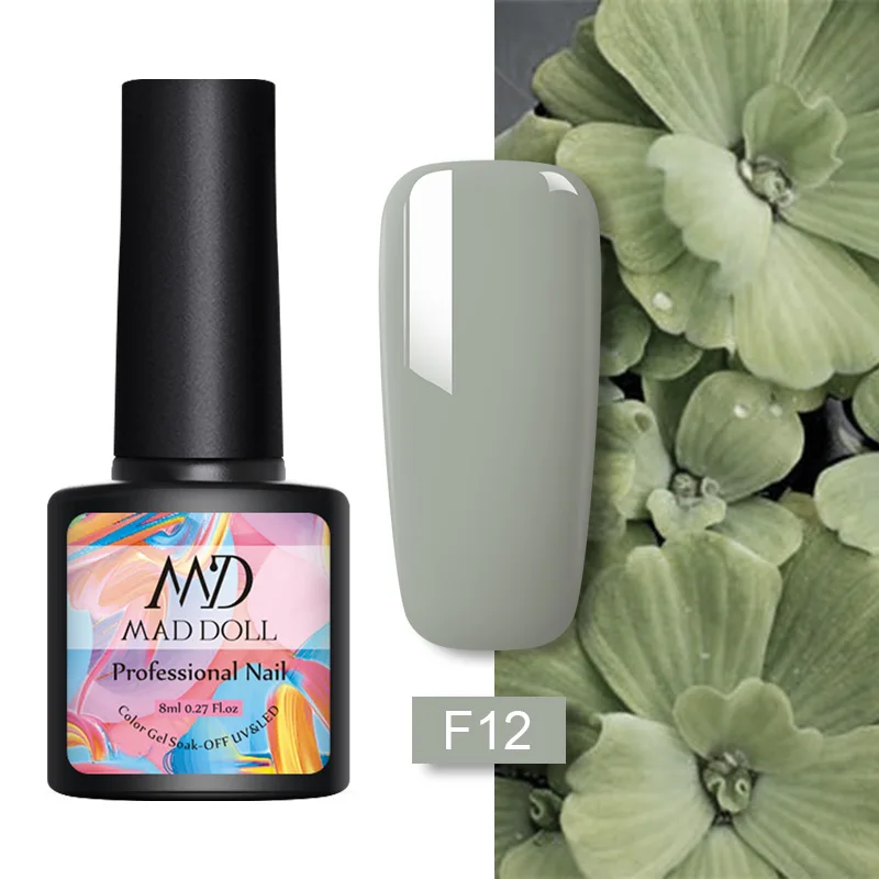 F12 MD MAD DOLL, 8 мл, УФ-гель для ногтей, серый, черный, чистый цвет для ногтей, отмачиваемый Гель-лак, однократный полуперманентный гель для ногтей - Цвет: F12