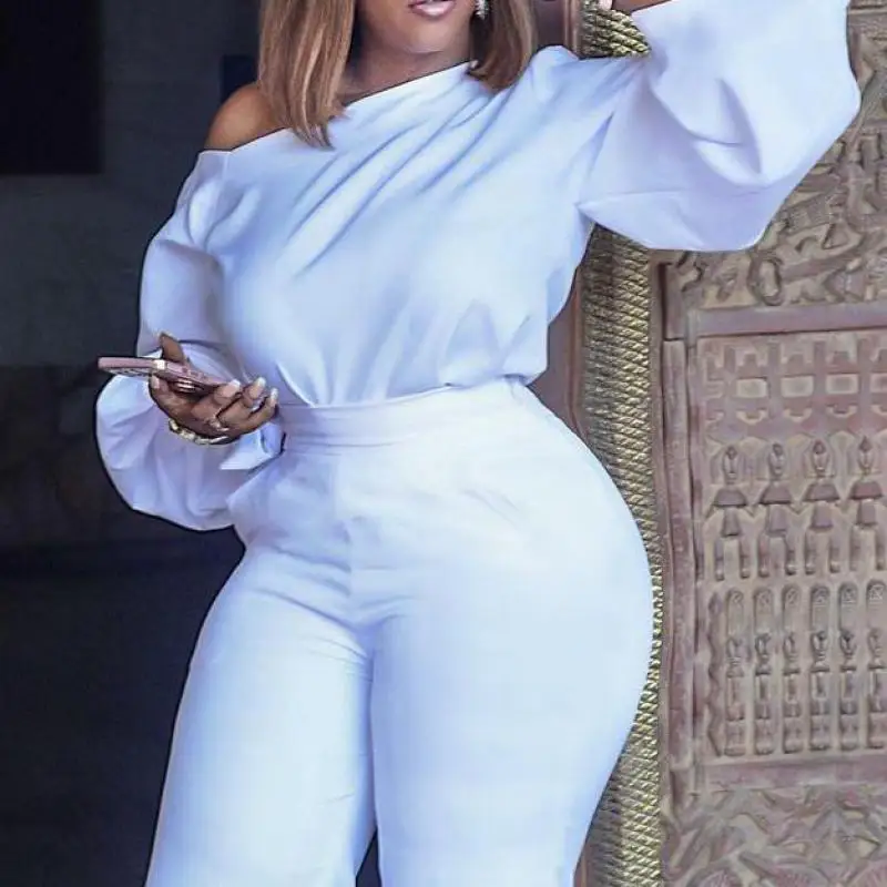 

Middle Eastern Temperament Commuter High Waist Wide Leg Pants Oblique Shoulder Long Sleeve Jumpsuit Plus Size Women's Clothing