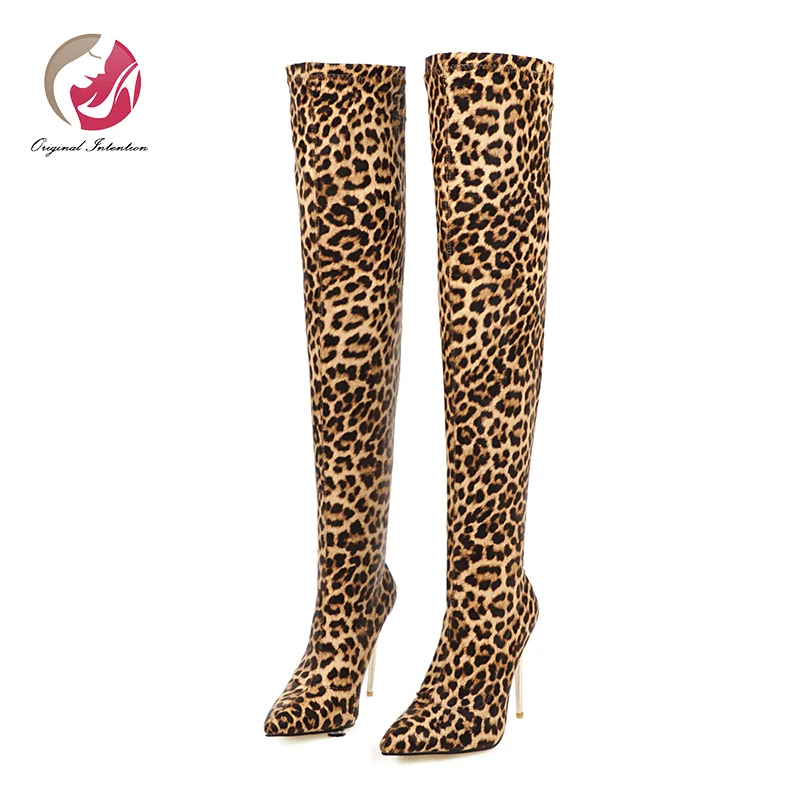 

Original Intention New Stylish Sexy Over Knee High Boots Woman Sequins Silver Black Leopard Fashion Pointed Toe Stiletto Heels