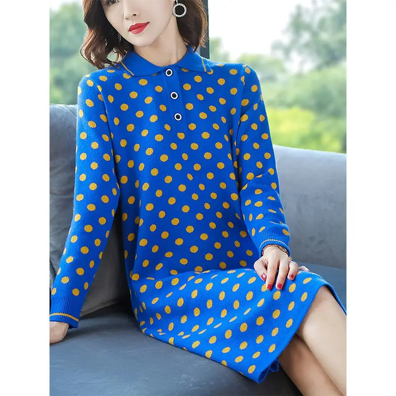 

2021 Cute Tie Patchwork Knitted Dress Dots Loose Long Sleeve Midi Sweater Dress Fashion Autumn Winter 2 Colors Base Dress Y446