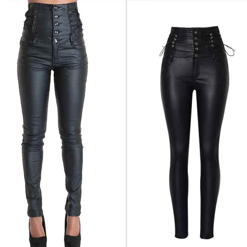

Women's Ultra-high Waist Buckle Straps Decorative Coating Imitation Leather Pants Stretch Denim Pants PU Large Size Women Pants
